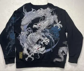 카라쿠리타마시 트레이닝복 맨투맨 용 무늬 자수 블랙 L 사이즈