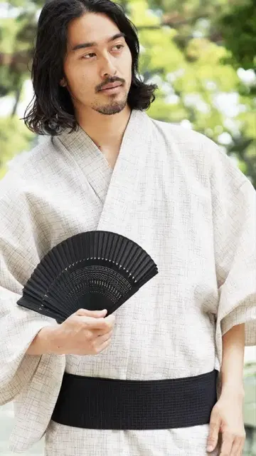 베이지 체크 무늬 유카타 세트 부채 포함