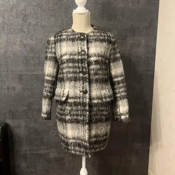 울 혼방 체크 무늬 코트 그레이 화이트