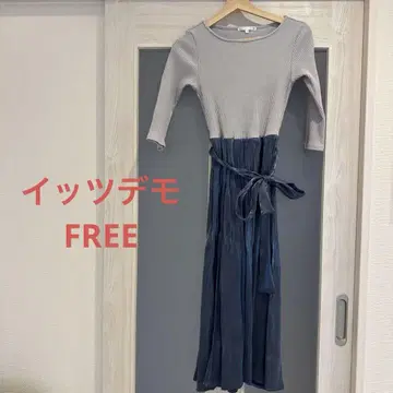 그레이 7부 소매 원피스 여성용 FREE 데이트 의류 네이비 리본
