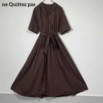 누키테파 개더 셔츠 원피스 플레어 리본 맥시 길이 브라운 오픈 카라