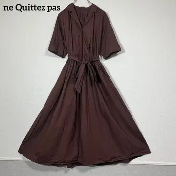 누키테파 개더 셔츠 원피스 플레어 리본 맥시 길이 브라운 오픈 카라