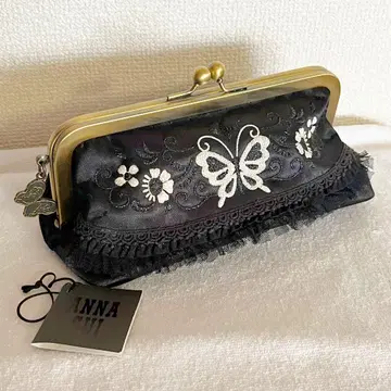 ANNA SUI 가마구치형 파우치 블랙 나비와 꽃 자수 블랙