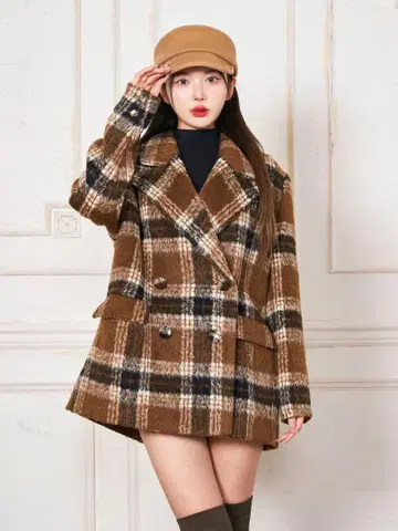 Darich 브라운 체크 더블 브레스트 코트