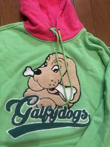 Galfydogs 개 자수 후드 부착 후드티 그린/핑크