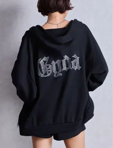 GYDA 백 라인스톤 라메 후드티 후드티 ZIP 후드티 블랙