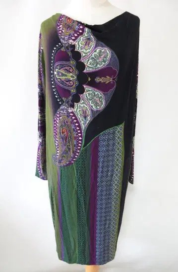 (O-21) ETRO 에트로 페이즐리 무늬 긴팔 원피스 블랙 그린 퍼플