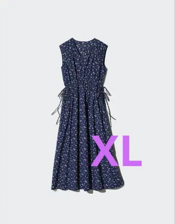 새상품 UNIQLO 코튼 개더 원피스 꽃무늬 네이비 XL
