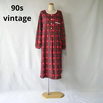 90s 빈티지 체크 하트 모티브 빨간색 플란넬 롱 원피스