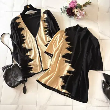 ESCADA 앙상블 니트 상의 가디건 올 패턴 베이지 x 블랙