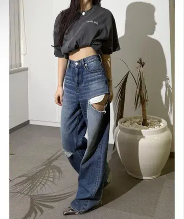 EVRIS 사이드 커팅 와이드 데님 M