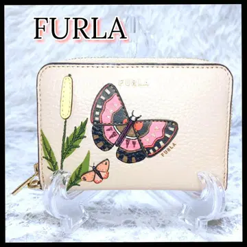 새상품급 FURLA 코인 케이스 라운드 지퍼 지갑 베이지 나비 자수