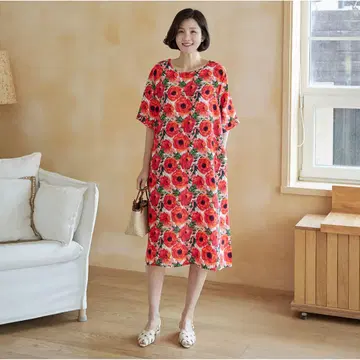 포피 패턴 무릎 아래 원피스