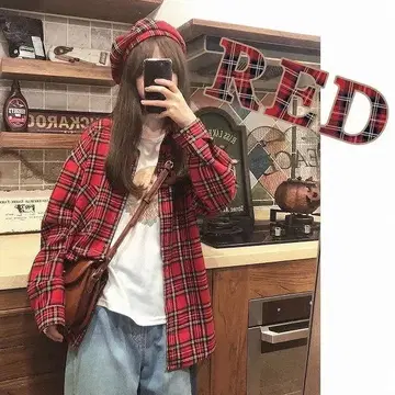 레드 체크 무늬 긴팔 셔츠