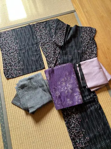 칡꽃 가을 블랙 베이스 보라색 꽃무늬 유카타 오비 세트