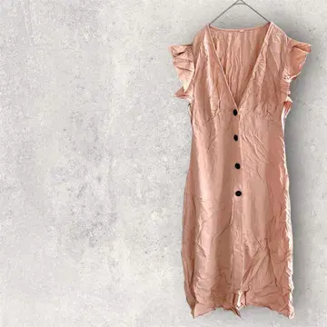 프릴 소매 V넥 롱 원피스 핑크