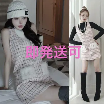 다리치 프론트 지퍼 트위드 미니 원피스