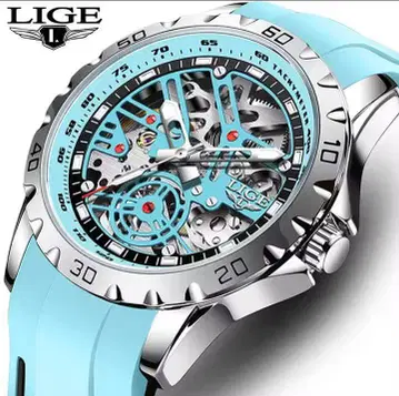 LIGE 스켈레톤 자동 시계 스카이블루
