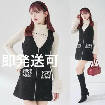 다리치 프론트 지퍼 트위드 미니 원피스