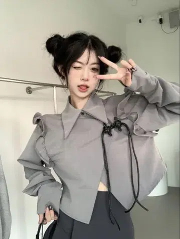 차이나풍 프릴 크롭 기장 셔츠 그레이 한국 F