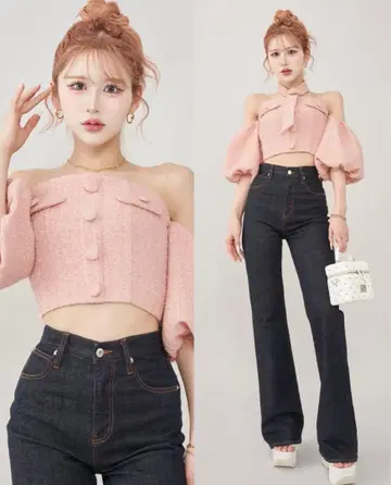 다리치 홀터넥 오프숄더 트위드 상의 핑크