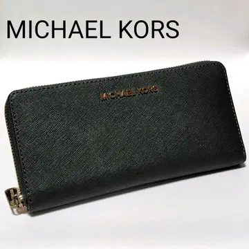 새상품급 마이클코어스 장지갑 짙은 녹색 가죽 라운드 지퍼 금장 로고