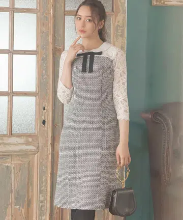 토코 클로젯 둥근 카라 & 리본 포함 레이스 x 트위드 절개 원피스