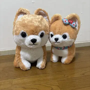 시바견 봉제 인형 세트 (대, 소, 리본 포함)