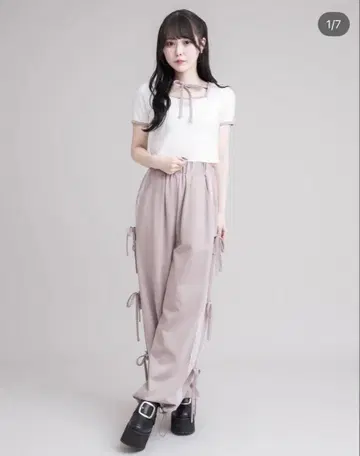 pium 스톤 로고 리본 테이프 팬츠 세트 핑크 퓨무 피움