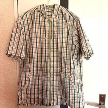 [ Vintage USED ] 체크 무늬 후드 부착 반팔 셔츠