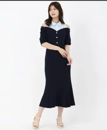 [ 새상품급 ] 미슈마슈 셔츠 레이어드 케이블 니트 원피스 (네이비)