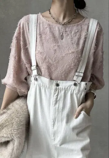 새상품급 doudou 소매 리브 자카드 블라우스 핑크