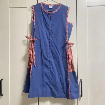 빈티지 파랑과 빨간색 깅엄 체크 에이프런 원피스 빈티지 드레스