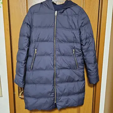 네이비 후드 부착 롱 다운 자켓 리버서블