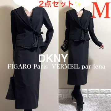 새상품급 M 수트 DKNY 실크 프릴 자켓 롱 타이트 스커트 블랙