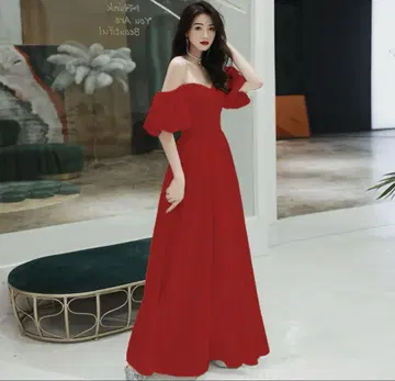 오프숄더 프릴 소매 컬러 드레스 빨간색