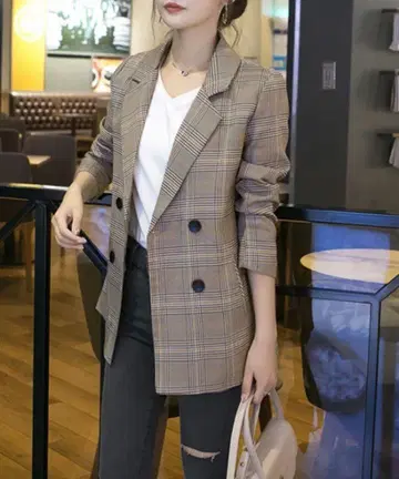 체크 무늬 테일러드 자켓