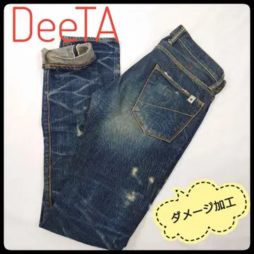 DeeTA 셀비지 데님 팬츠 데미지 가공 W27 청바지 다크 네이비