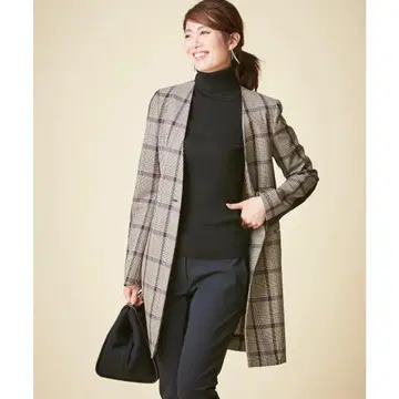 체크 무늬 노카라 롱 자켓