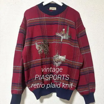 vintage PIA SPORTS 빨간색 체크 무늬 레트로 니트 스웨터