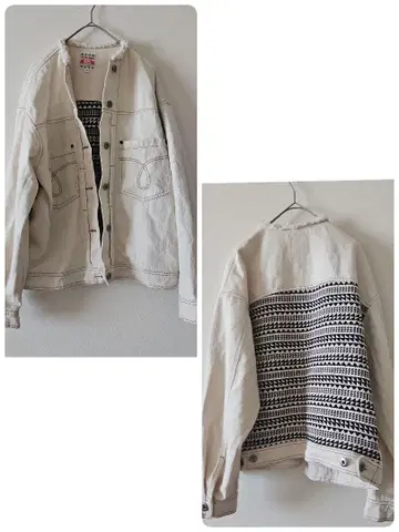 [ 티티카카 ] 화이트 데님 자켓 기하학 패턴 노카라