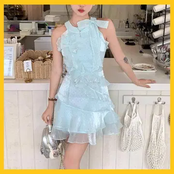 블루 프릴 리본 슬리브리스 원피스
