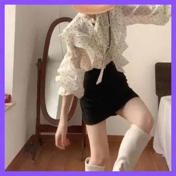 화이트 도트 프릴 리본 긴팔 블라우스
