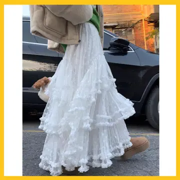 화이트 프릴 레이스 롱 스커트