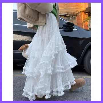 화이트 프릴 레이스 롱 스커트