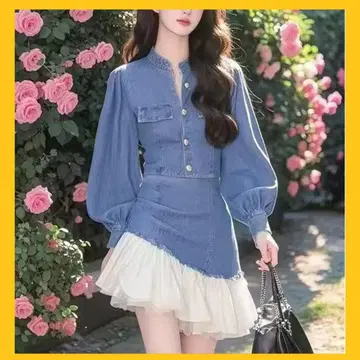 데님 긴팔 버튼 프릴 원피스