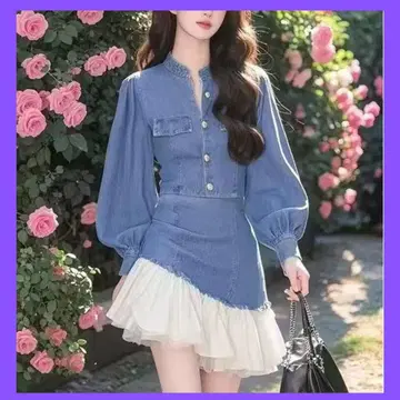 데님 긴팔 버튼 프릴 원피스