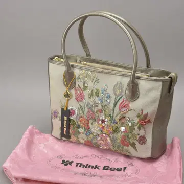 택 포함 새상품 Think Bee! 핸드백 자수 플라워 그레이 계열