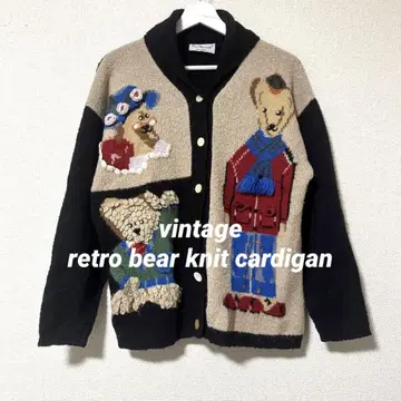 vintage 곰 패턴 레트로 니트 스웨터 파이핑 가디건
