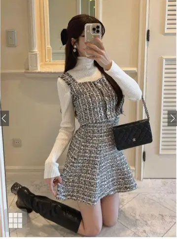 GRL 라메 트위드 뷔스티에 미니 플레어 스커트 셋업 L